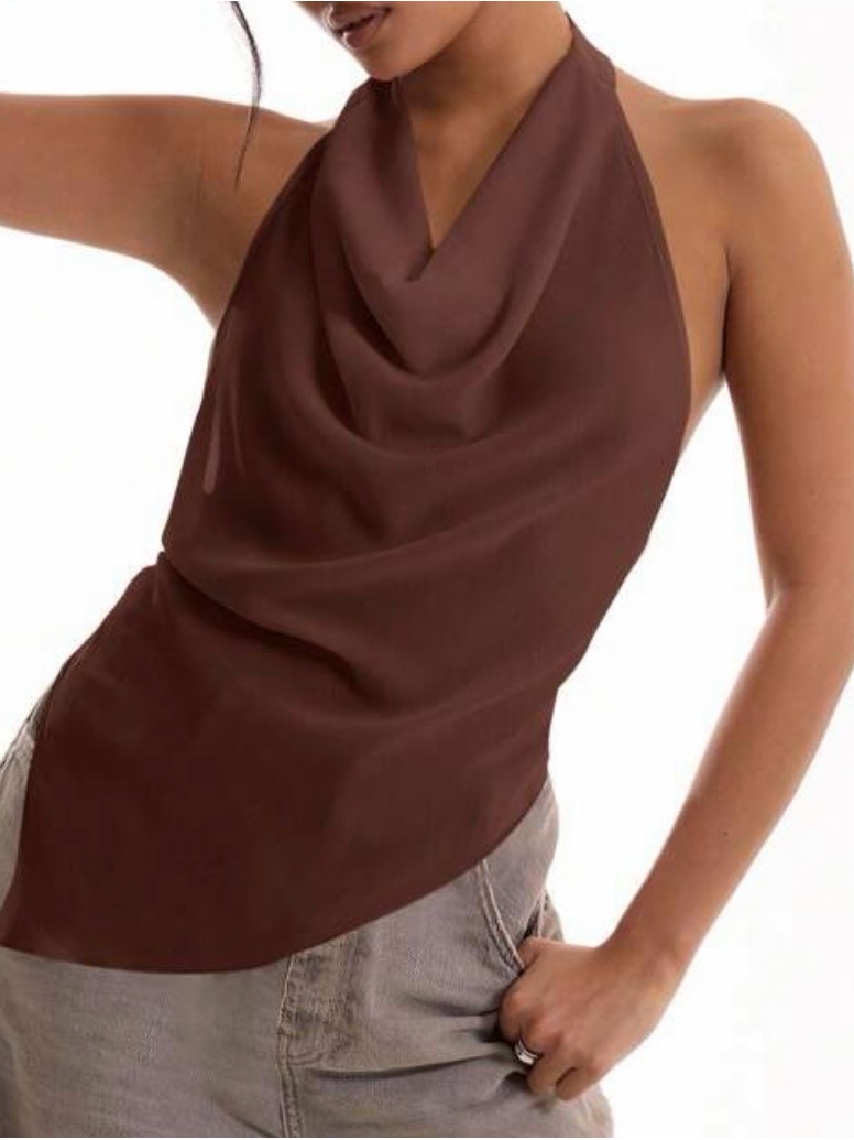 Brown Draped Halter Top With Open Back